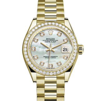 replica Rolex Lady-Datejust Oyster 28 mm Gelbgold und Diamanten Weißes Zifferblatt M279138RBR-0015