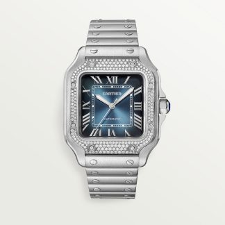 replica cartier Santos de Cartier Uhr Medium Modell Stahl Diamanten blaues Zifferblatt CRW4SA0006