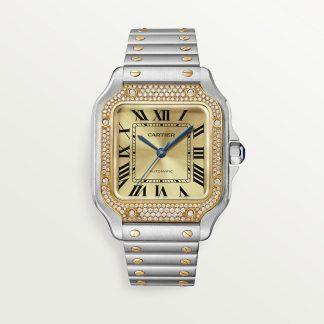 replica cartier Santos de Cartier Uhr Mittleres Modell 18K Gelbgold Stahl Diamanten CRW3SA0007